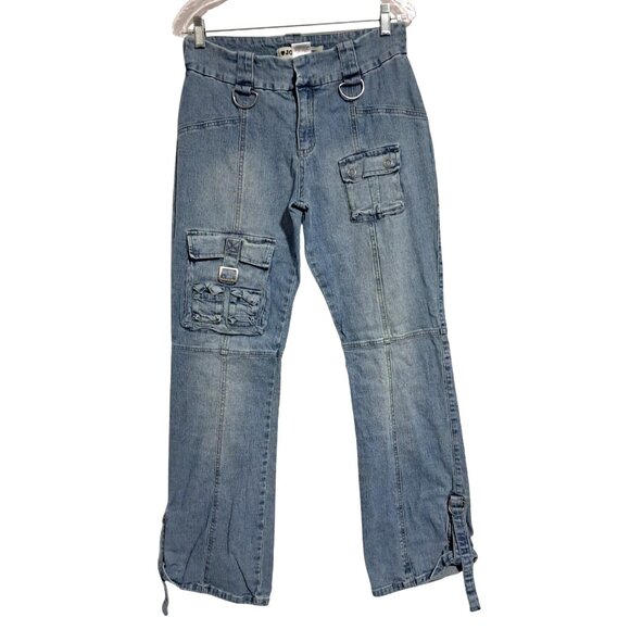 Vintage 90s Y2K Joe Boxer Flare Cargo Jeans Womens Juniors 13 Blue Denim Pockets - Picture 1 of 10
